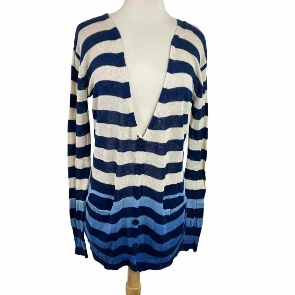 Betsey Johnson Cardigan Sweater Small Blue White Striped Ombre Cotton V-Neck